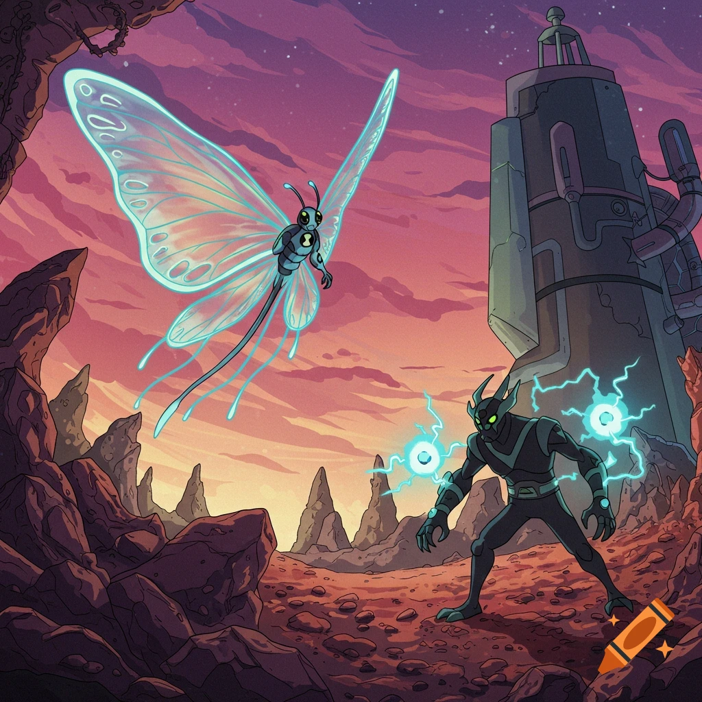 Two alien creatures battle in a rocky landscape at dusk. One is a large glowing moth-like alien, the other a dark electric humanoid.