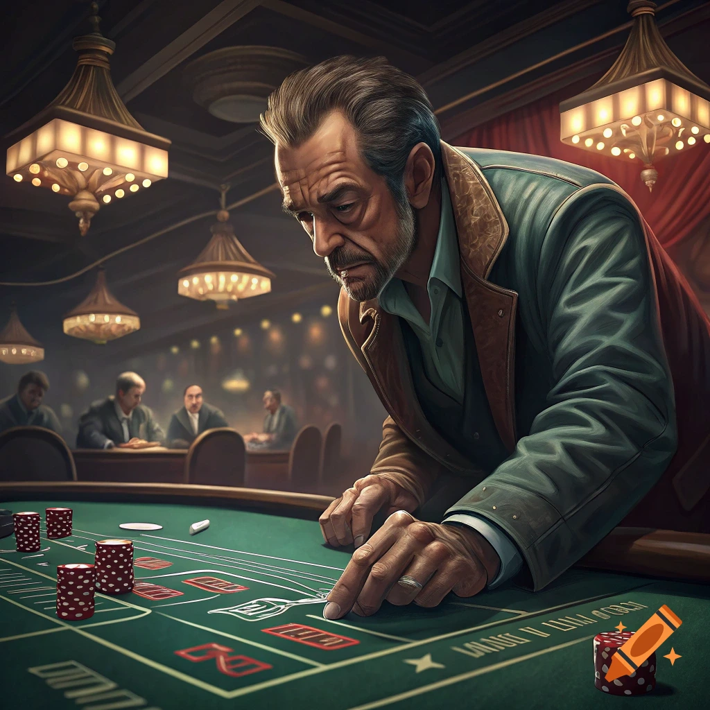 Man playing craps at a casino table, leaning forward and pointing.