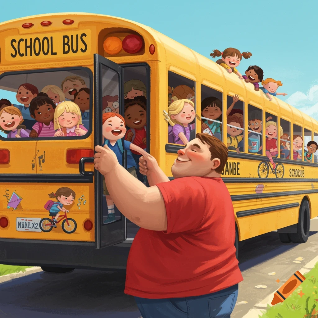 A diverse group of cheerful children board a bright yellow school bus helped by a man in a red shirt, in a vibrant scene.