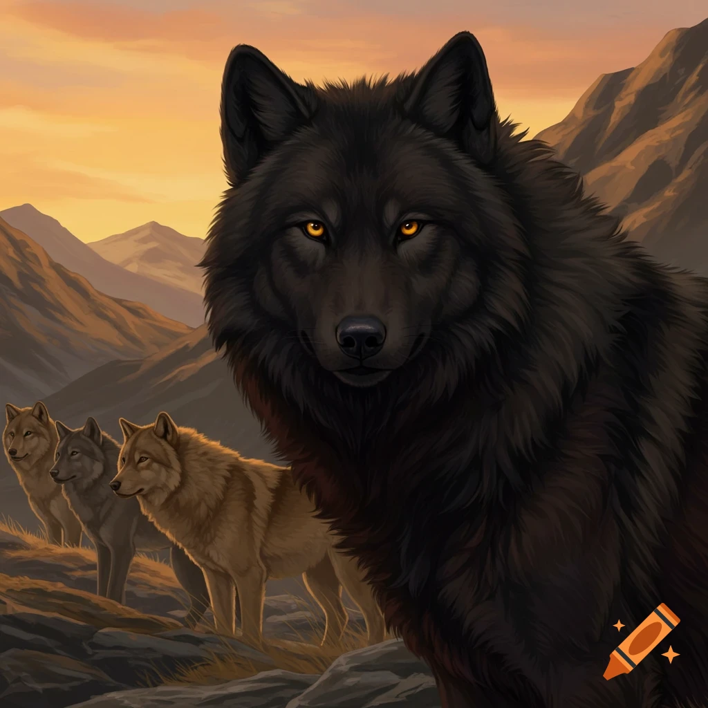 A black wolf with yellow eyes leads a pack in a mountainous landscape at sunset.
