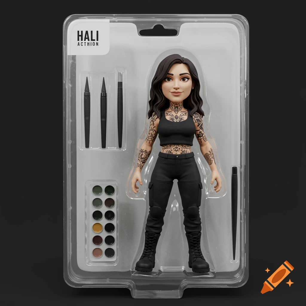 3D render of a tattooed woman action figure in clear plastic blister packaging