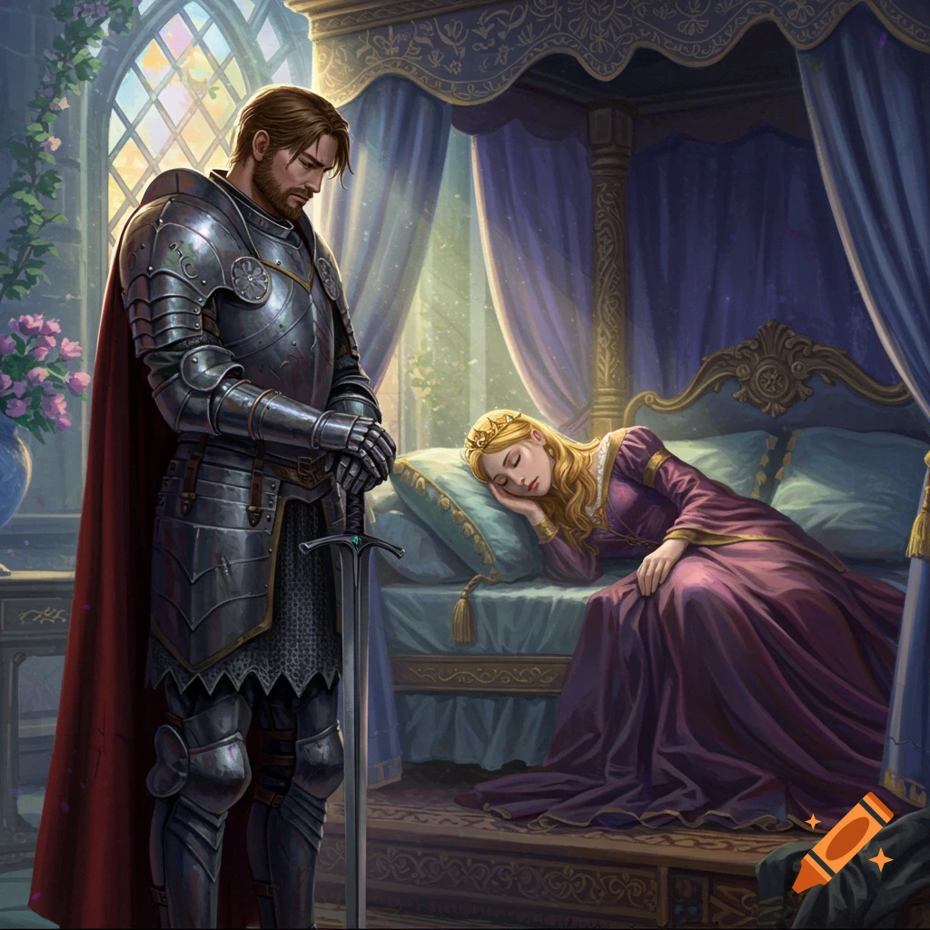A knight in armor stands over a sleeping princess in a royal bedroom.