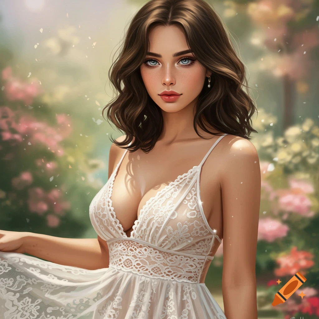 A woman with brown hair and blue eyes is wearing a white lace dress in a garden.