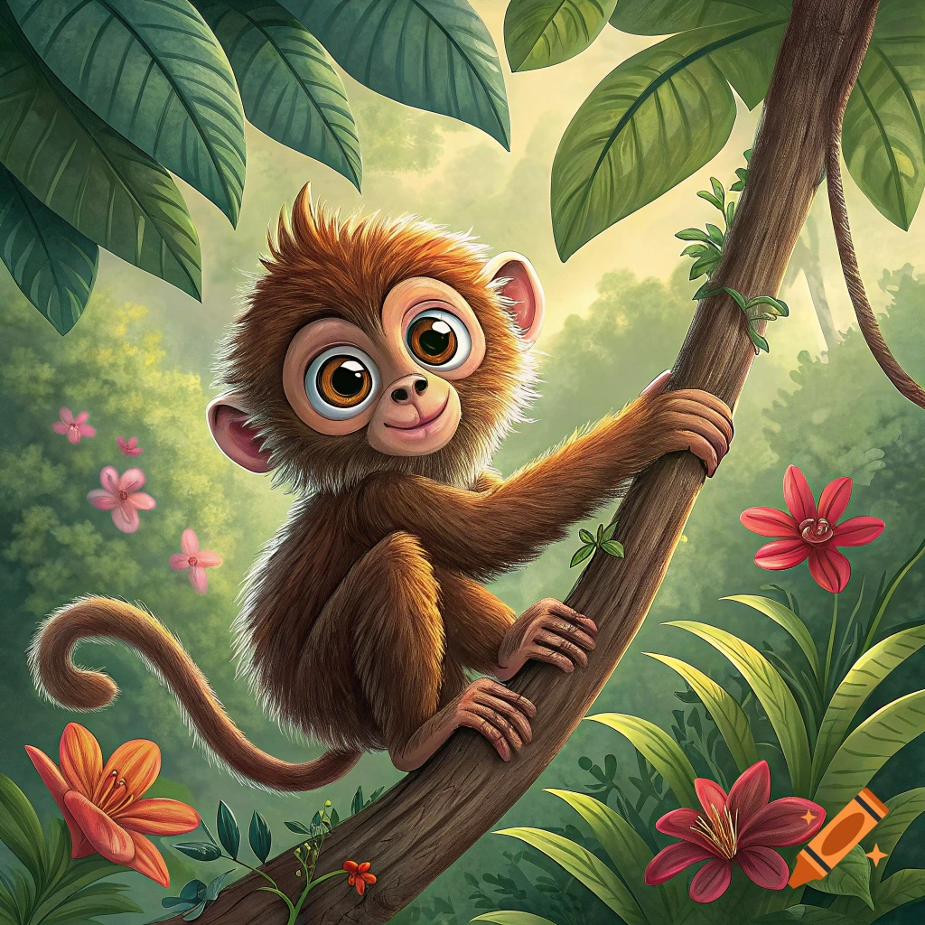 Cute cartoon monkey climbing a tree in a lush jungle.