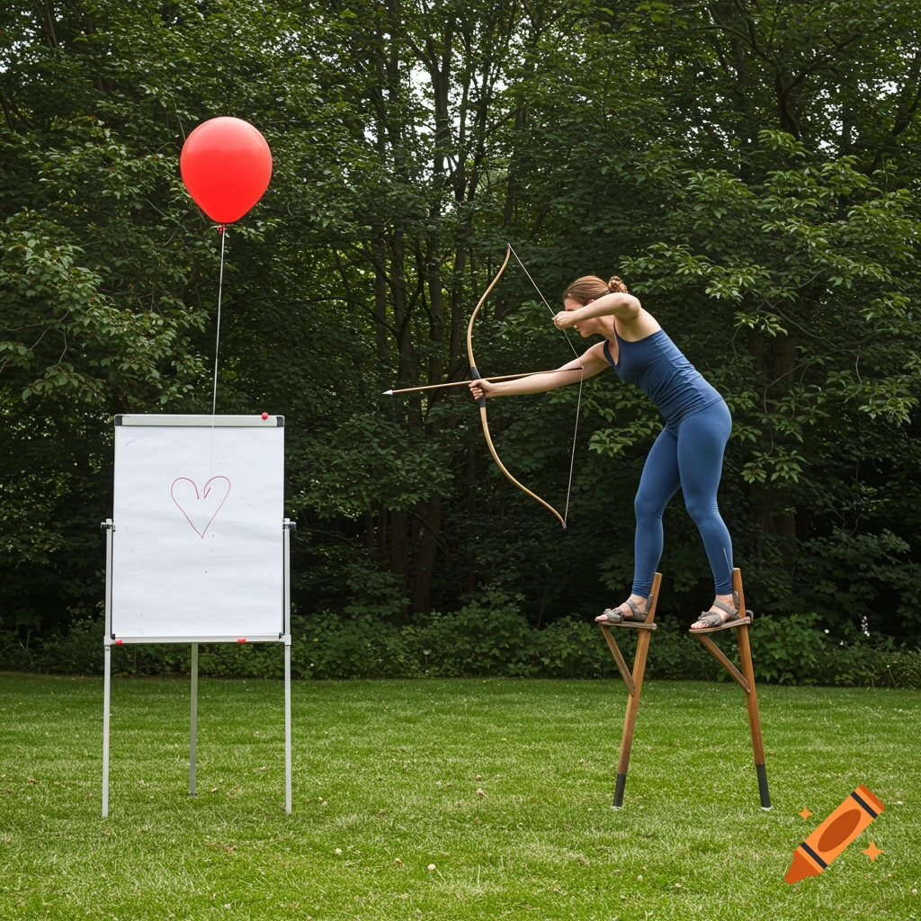 A woman stands on stilts in a yard, aiming a bow and arrow at a red balloon tied to a whiteboard with a heart drawn on it.