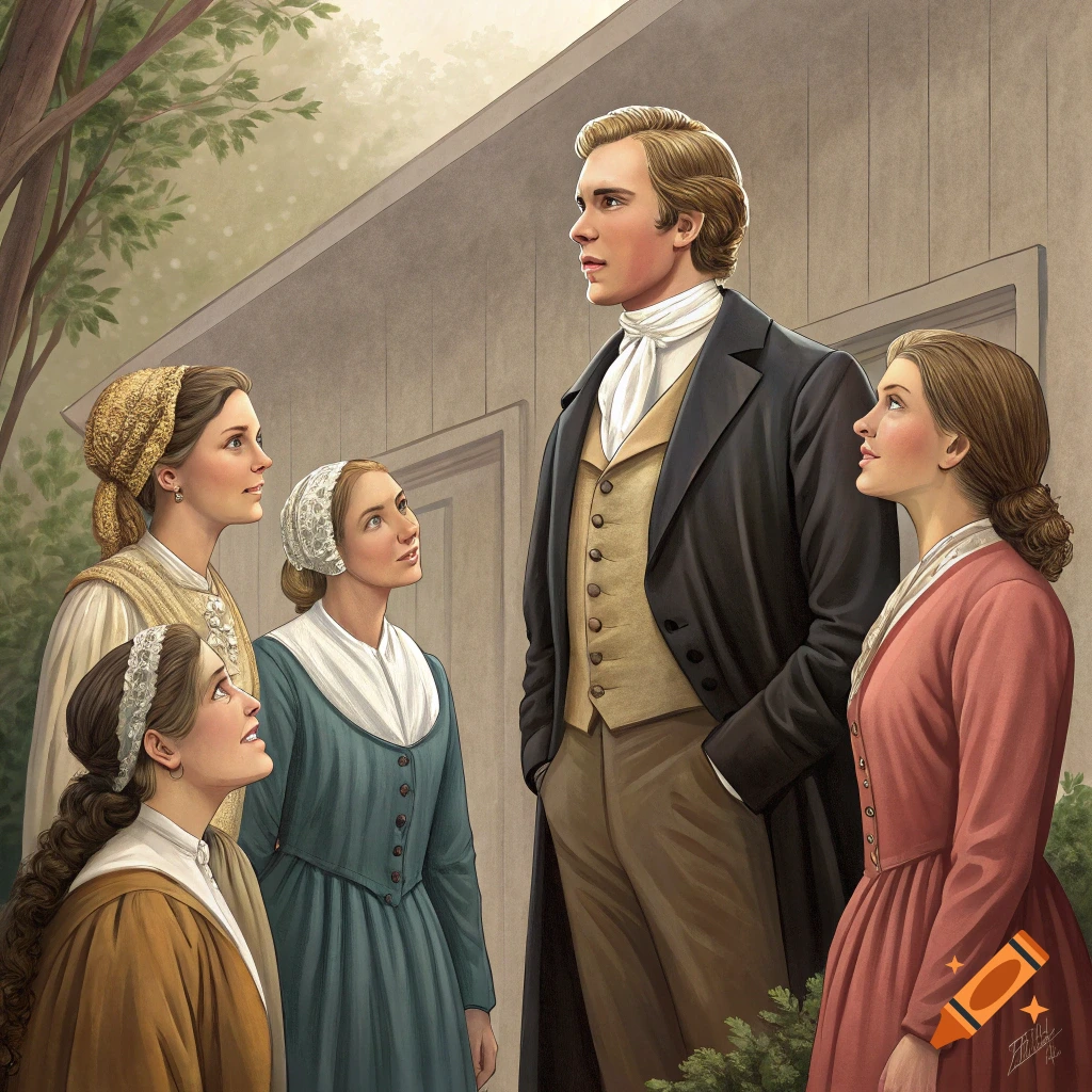 Illustration of a man standing outside with four women in historical clothing looking up at him.