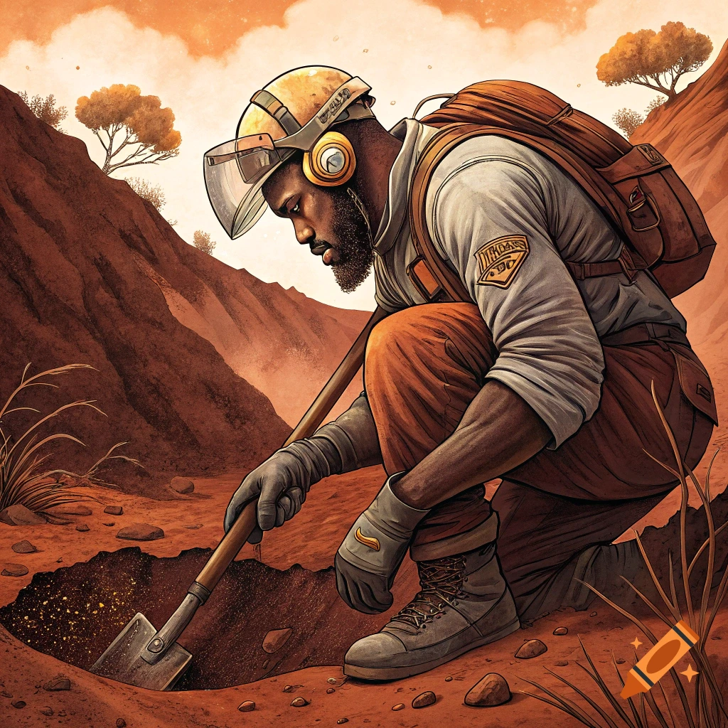A man in mining gear digs in the red soil under an orange sky.