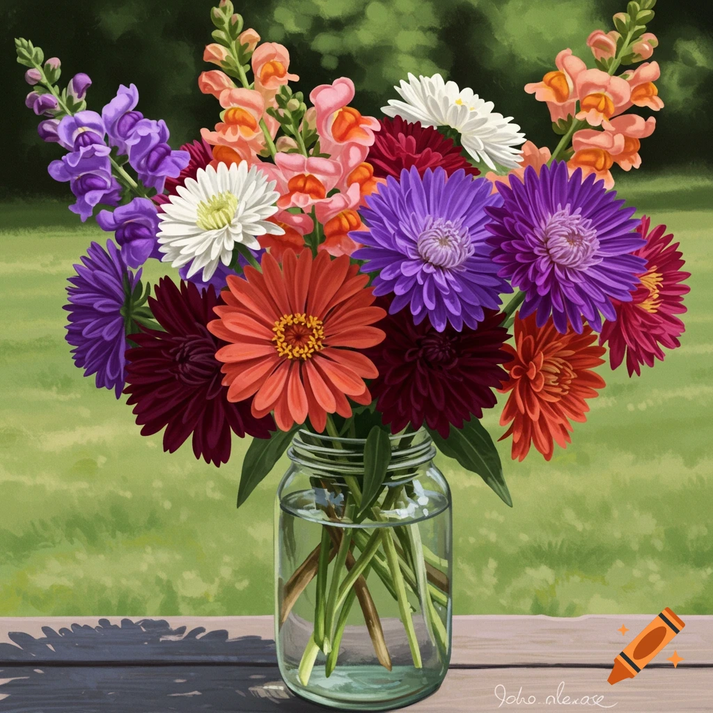 A colorful bouquet of snapdragons, asters, zinnias, and other flowers in a glass jar on a wooden table.