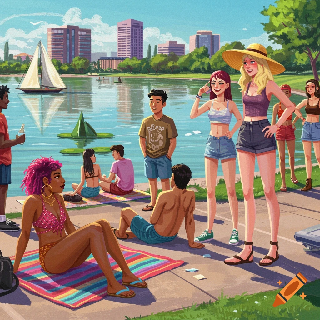 A group of friends hang out by a lake with a city skyline in the background.