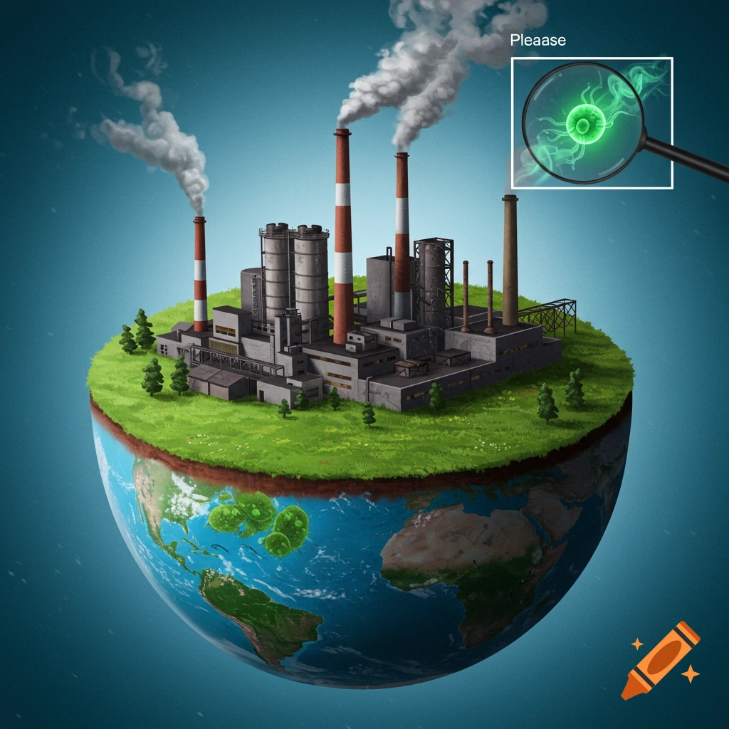 A factory on a sliced Earth with smoke showing microorganisms under a magnifying glass.