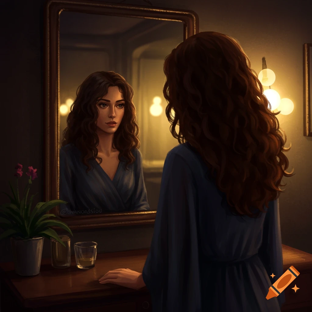 A woman looking at her reflection in a mirror.