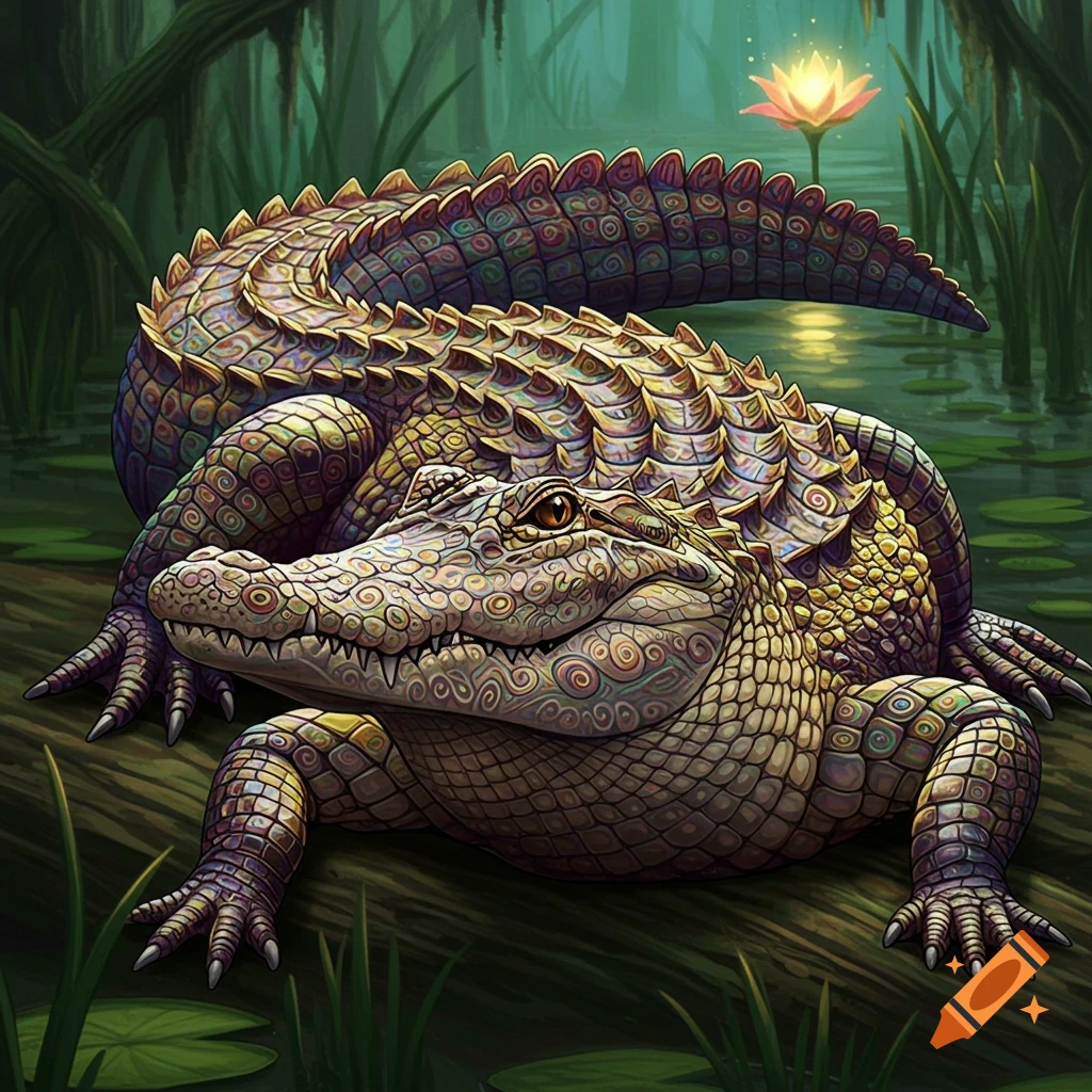 An alligator with swirling patterns on its skin sits on a log in a swamp.