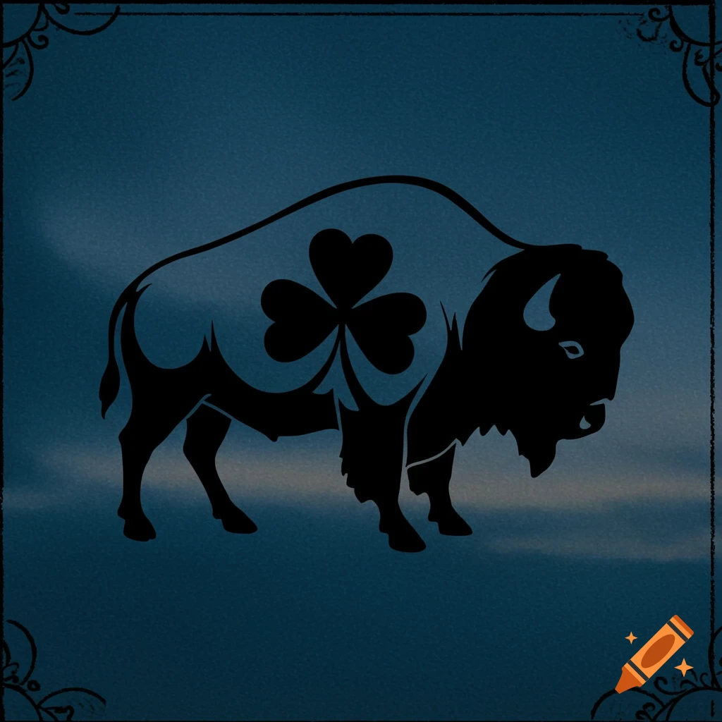 Black silhouette of a buffalo with a shamrock shape on a blue and grey background and decorative border.