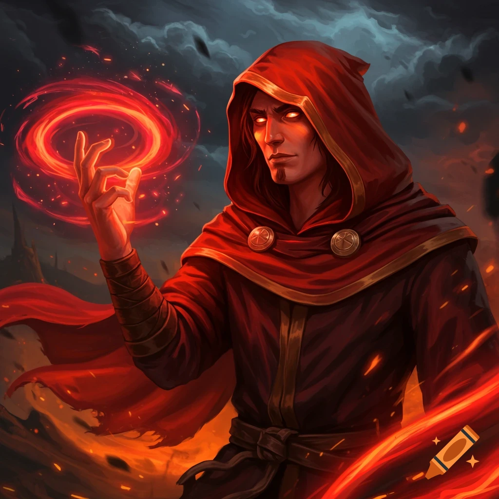 A red-hooded mage casting fire magic.