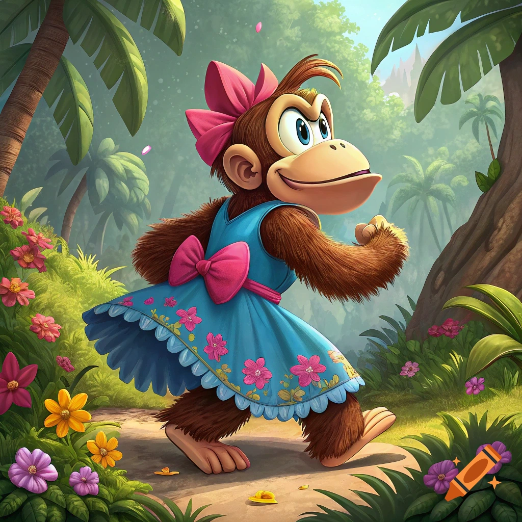 A cartoon monkey character wearing a blue dress and pink bow walks through a bright, flowery jungle.