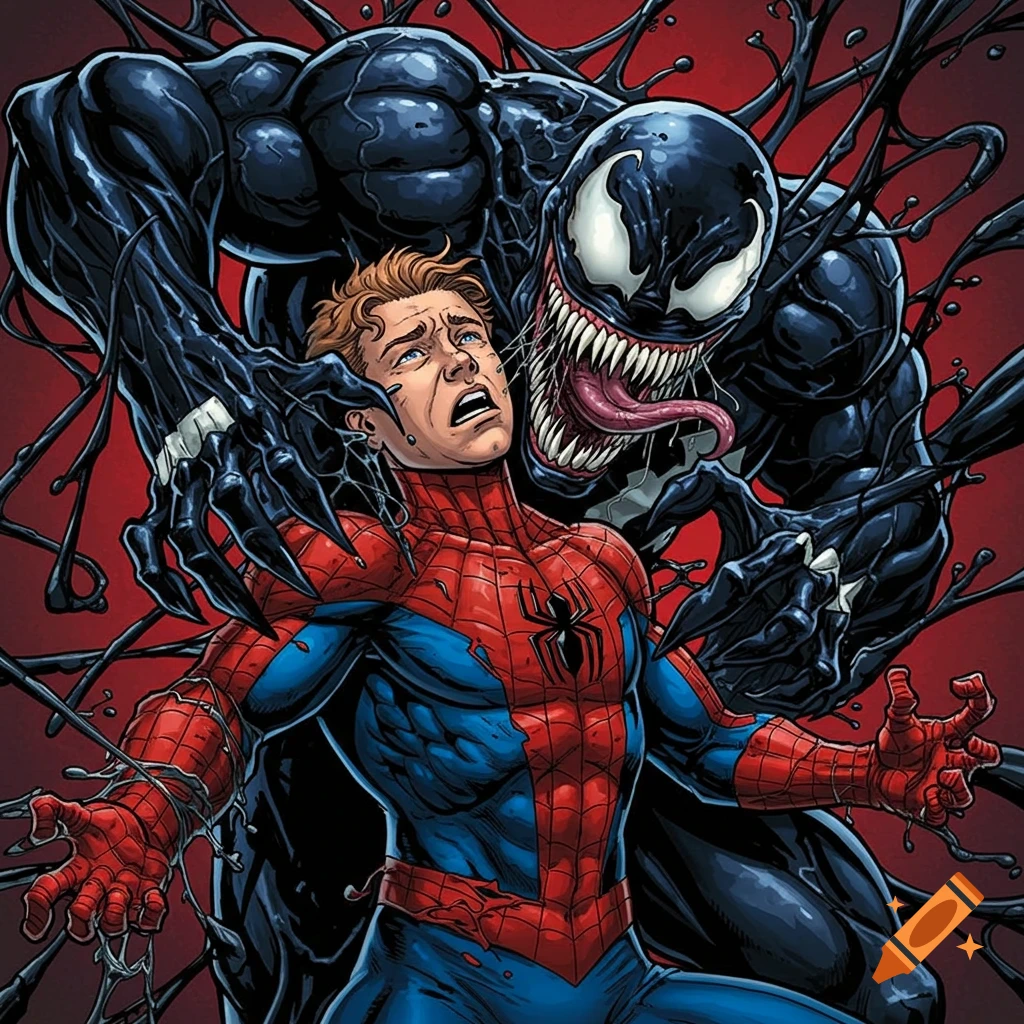 Venom envelops Peter Parker Spider-Man in a dynamic comic book illustration.