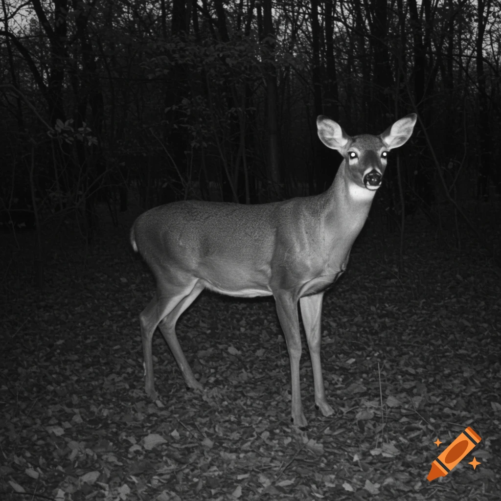 Black and white trail camera photo of a deer standing in a forest at night.
