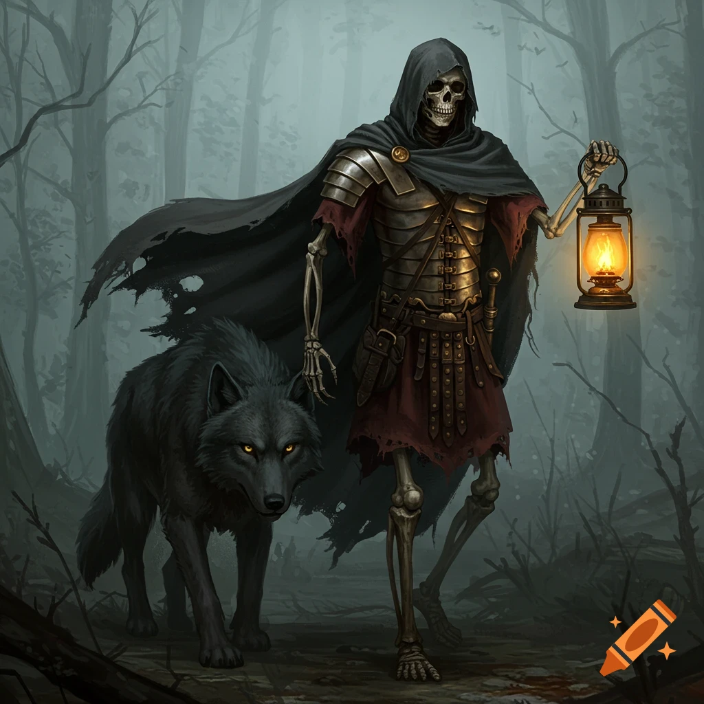 A skeleton in a cloak and Roman armor walks through a foggy forest with a wolf, carrying a lit lantern.