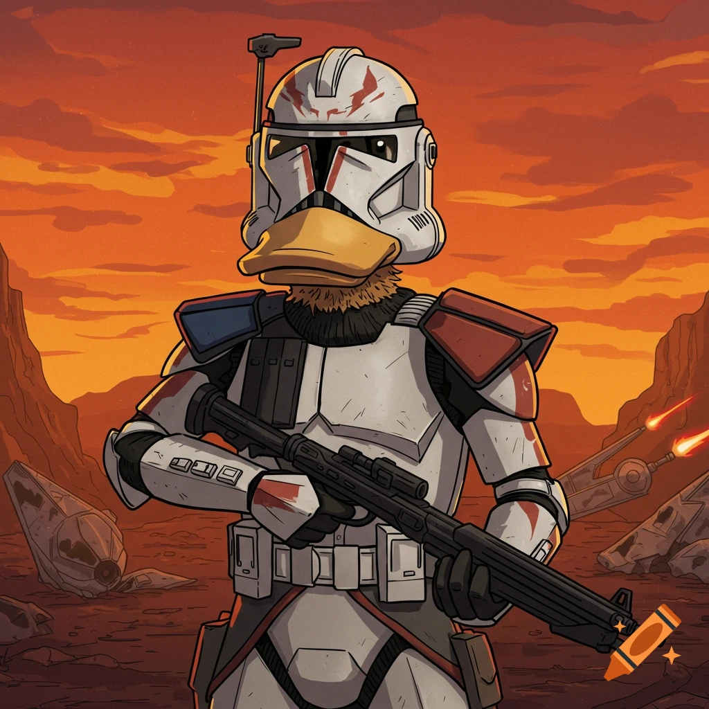 Cartoon duck in Star Wars Clone Trooper armor holding a rifle in a rocky landscape.
