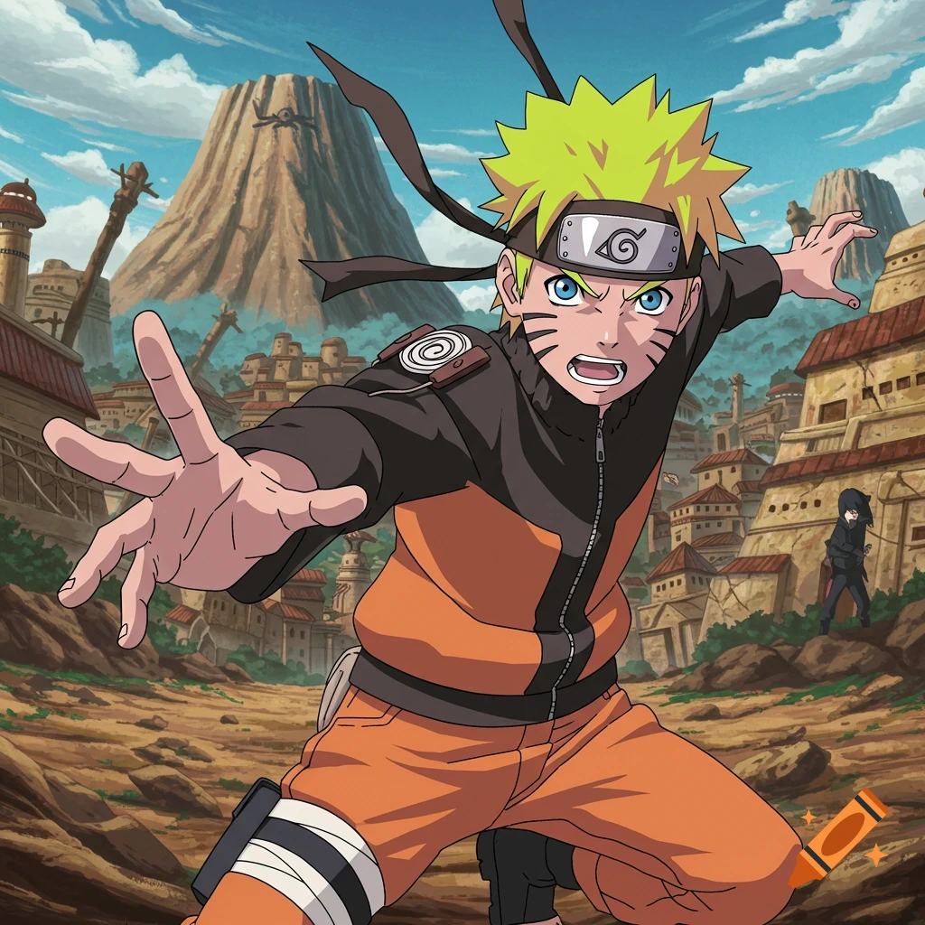 Anime character Naruto in an action pose in a village