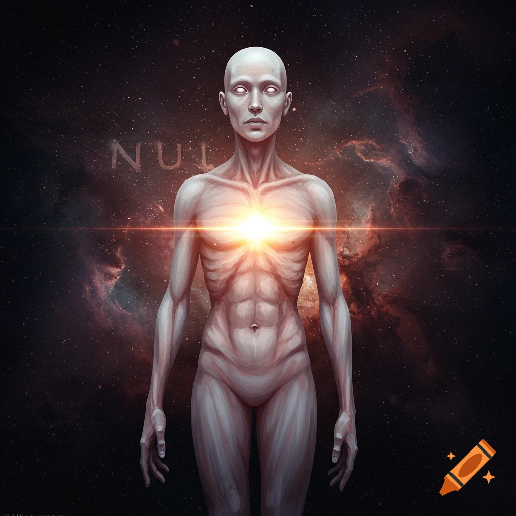 A bald figure with a glowing chest stands against a starry space background.