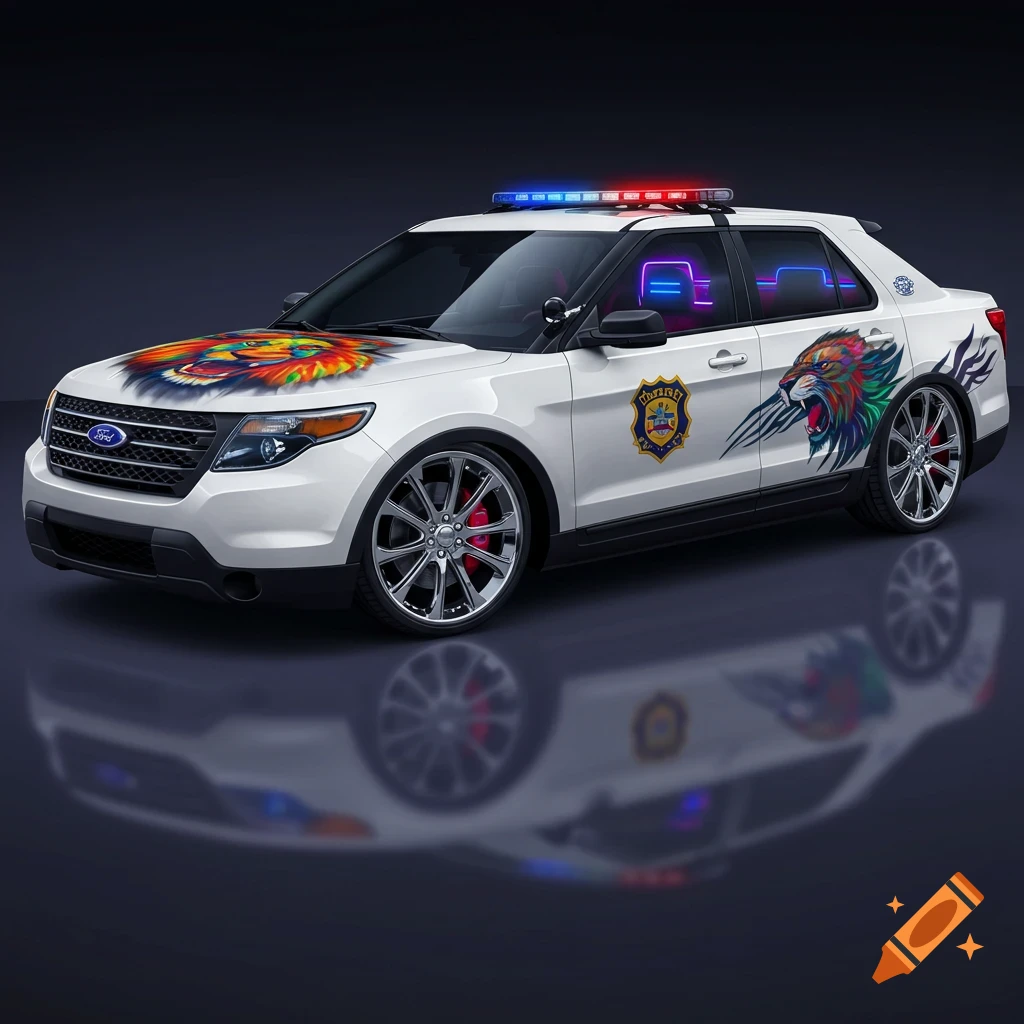White police car with colorful lion and tiger graphics.