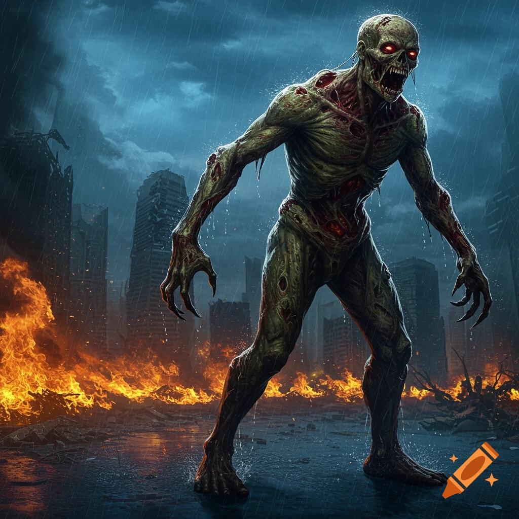 Realistic image of a zombie in a burning, rain-soaked city landscape