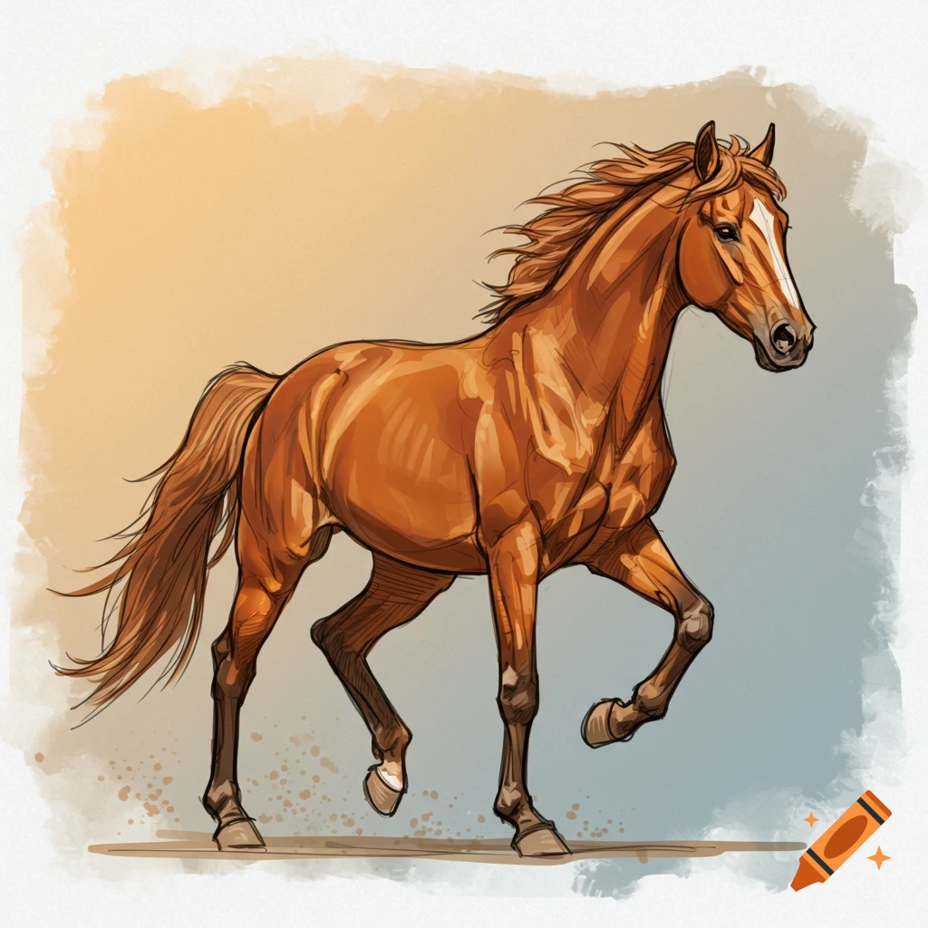 A brown horse trotting against a watercolor background.