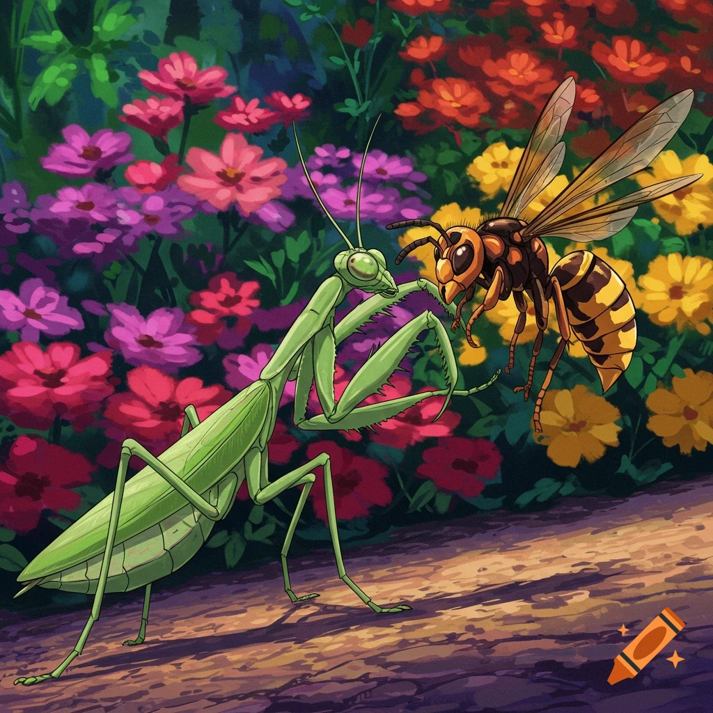 An anime style image shows a praying mantis facing a hornet in a garden.