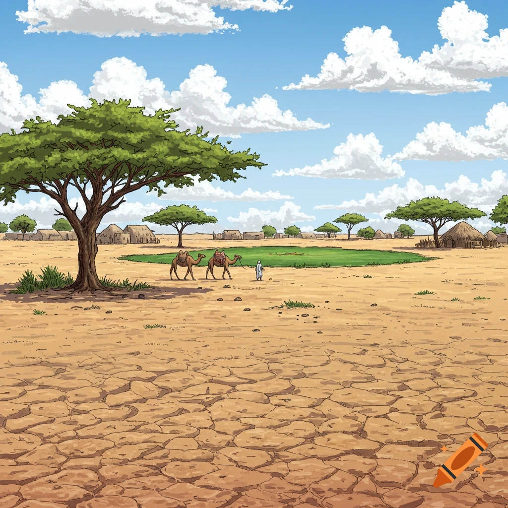 Illustration of a person leading two camels across cracked desert towards a green oasis near a village.