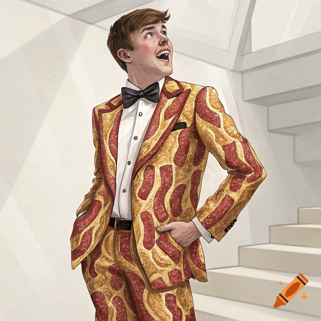 Illustration of a man in a suit patterned like bacon.