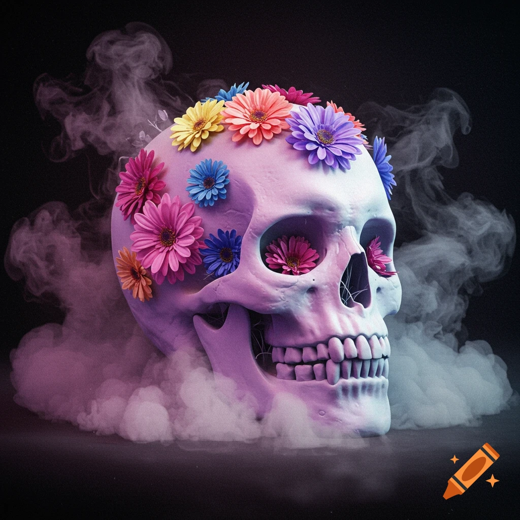 A pastel skull adorned with colorful flowers, surrounded by smoke on a dark background.