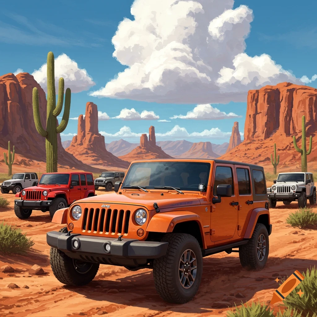 Multiple colorful Jeeps on a desert road with saguaro cacti and red rock formations.