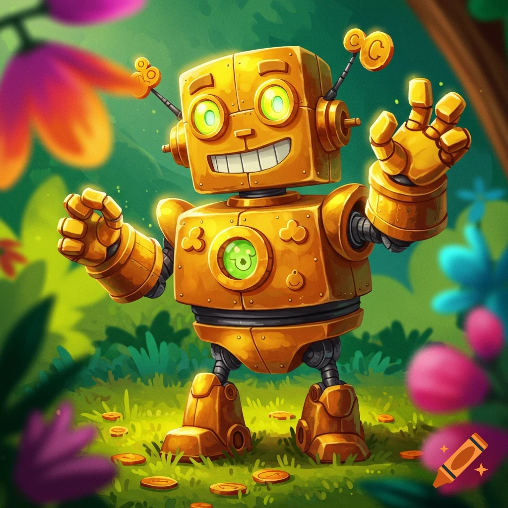 A golden cartoon robot stands in a garden, surrounded by gold coins.