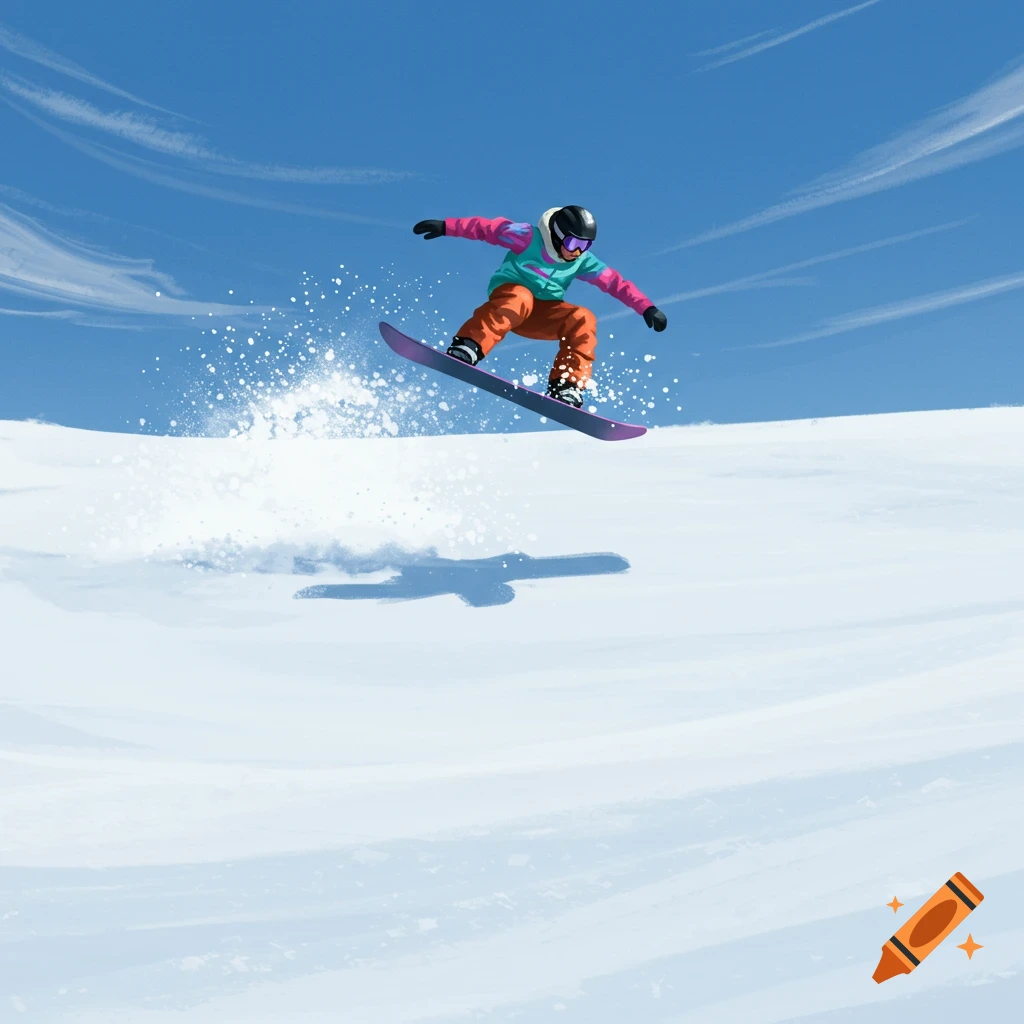 A snowboarder does a small hop on a snowy hill under a blue sky.
