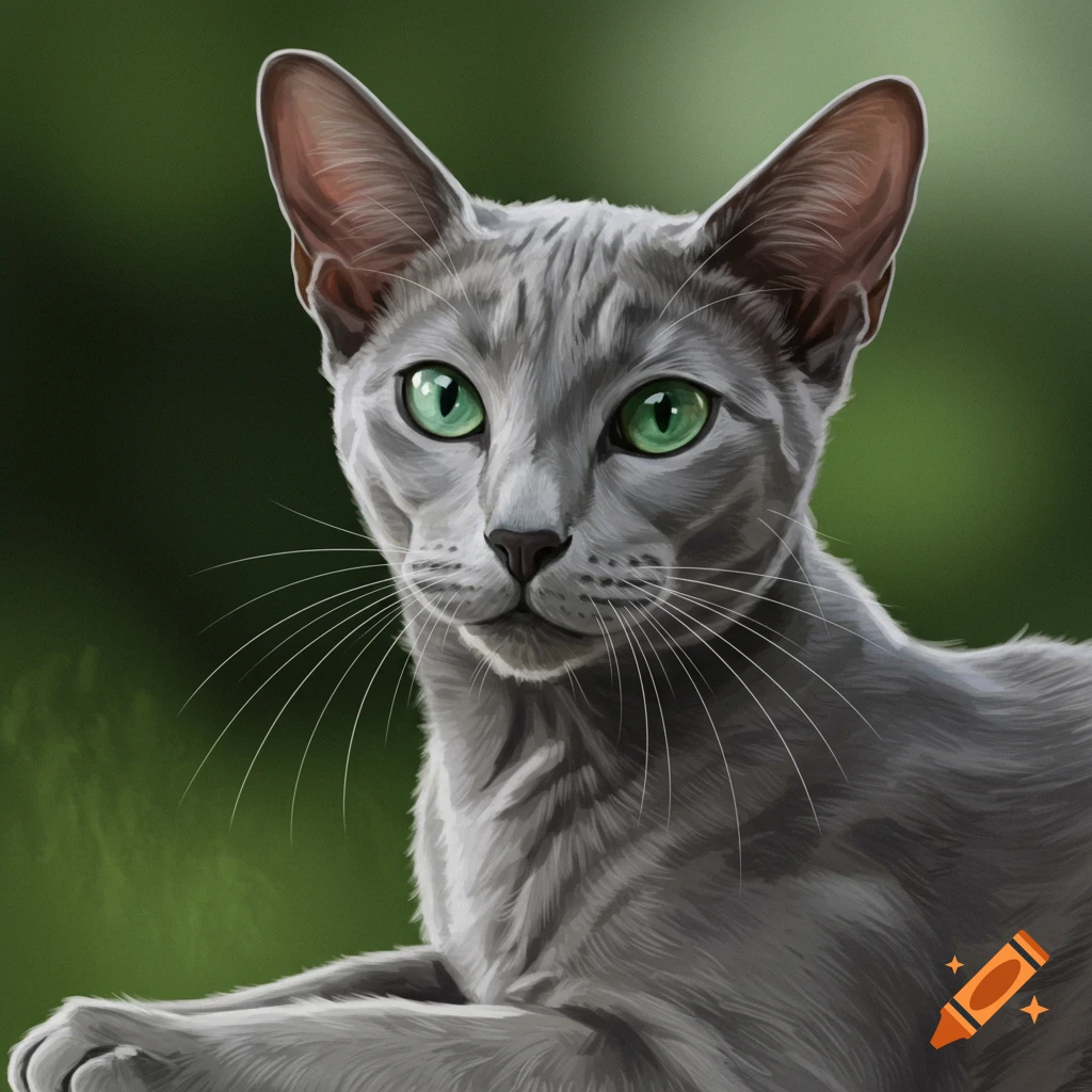 A gray cat with green eyes.
