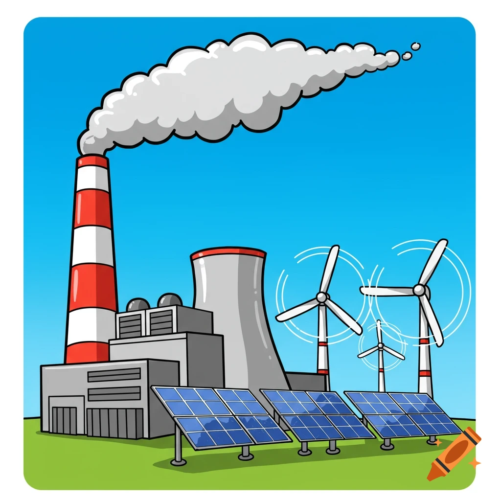Cartoon illustration of a smoking power plant, cooling tower, wind turbines, and solar panels on a green hill.