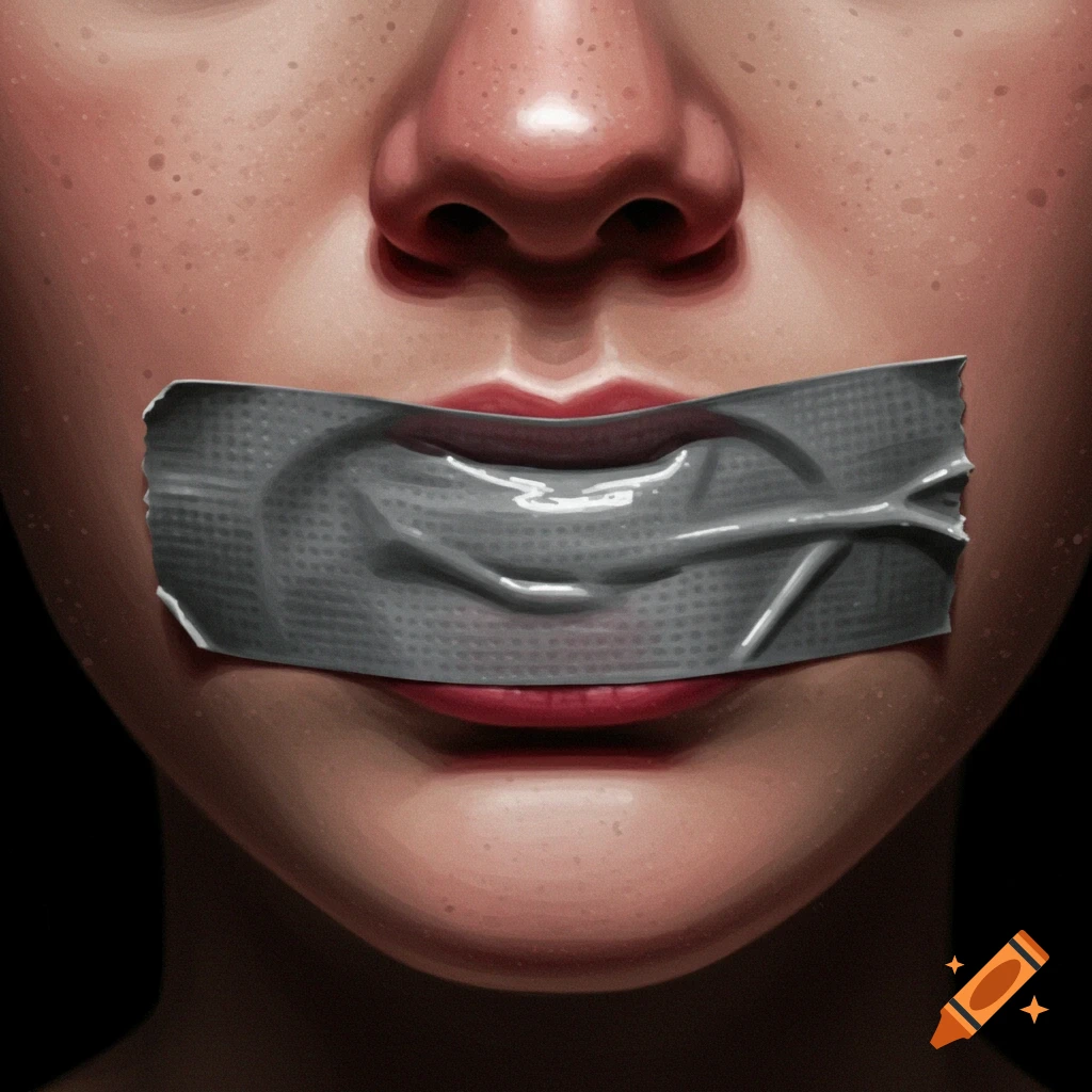A person's mouth covered with grey duct tape.