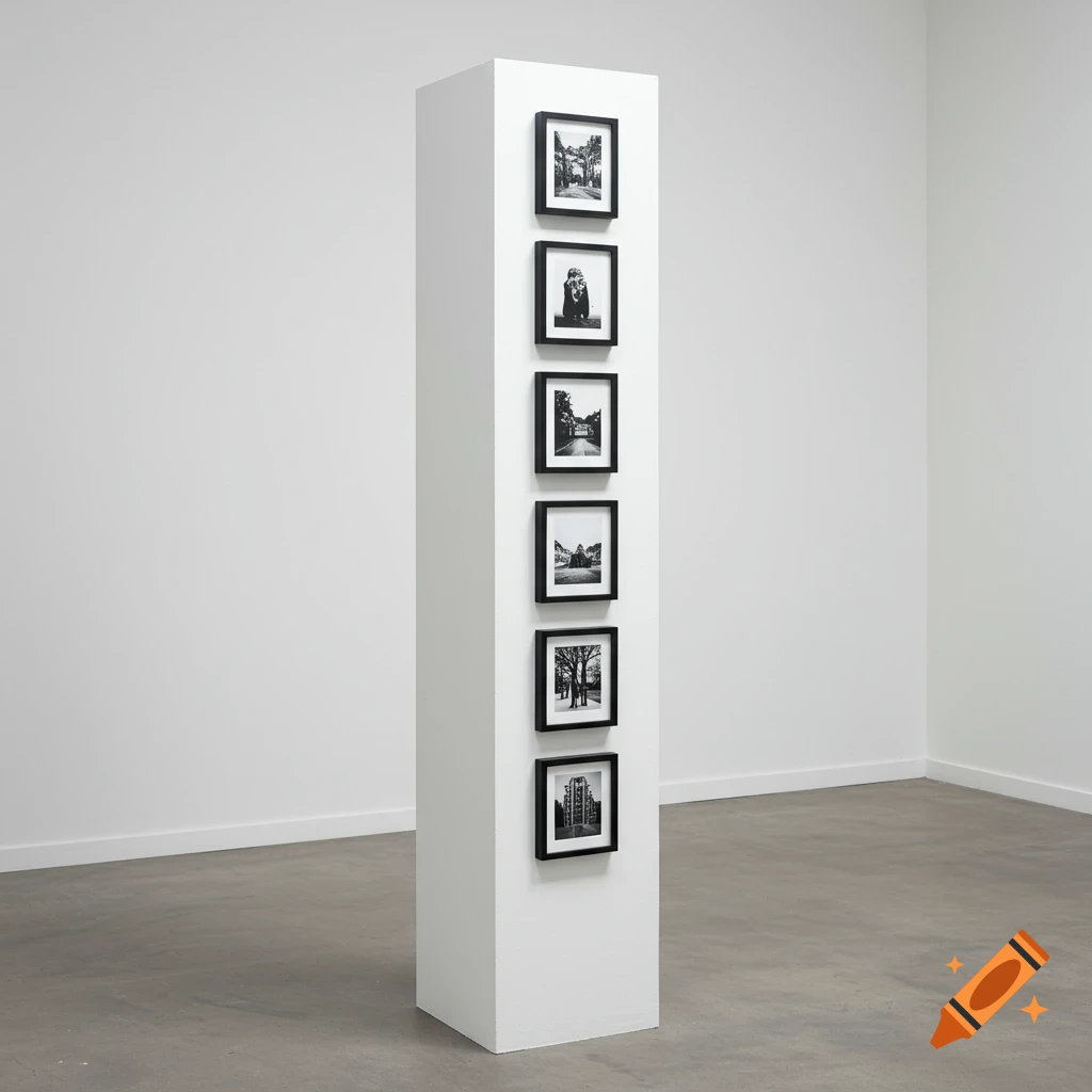A tall white square column displays a vertical row of six framed black and white photographs in a minimalist room.