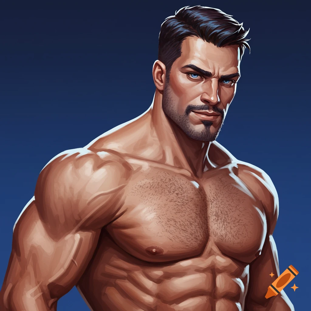 A muscular man with dark hair and blue eyes.