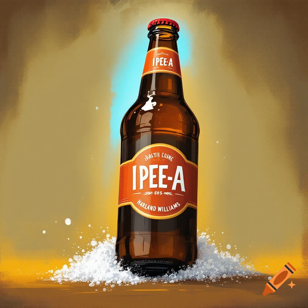 A bottle of beer with a red and orange label on a surface with white splatter.