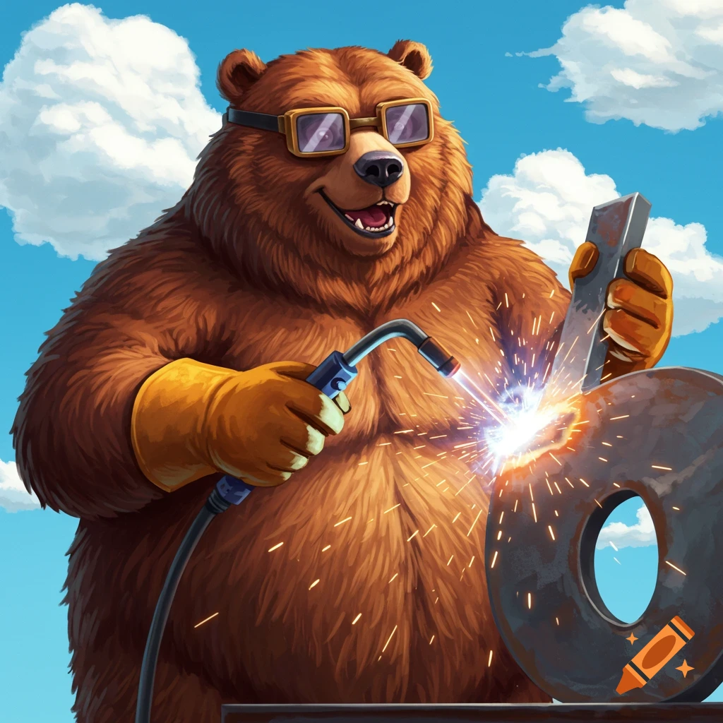 Cartoon bear wearing goggles and gloves welding metal