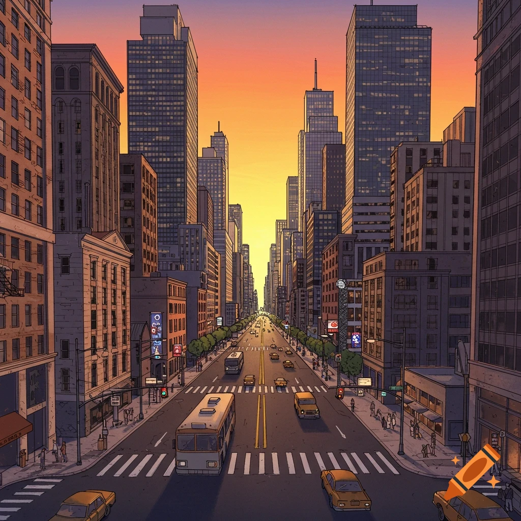 Illustrative street view of a bustling city at sunset with buildings, cars, and pedestrians in 2-point perspective.