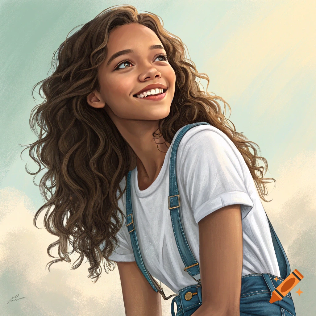 Illustrative portrait of a young woman in overalls looking up and smiling.