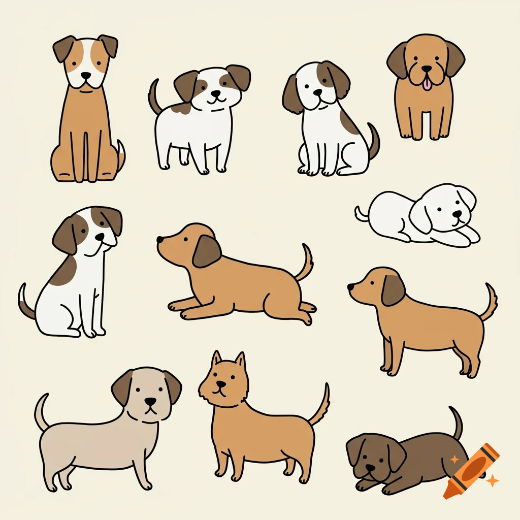 A collection of simple, stylized cartoon dogs in various poses on a light background.