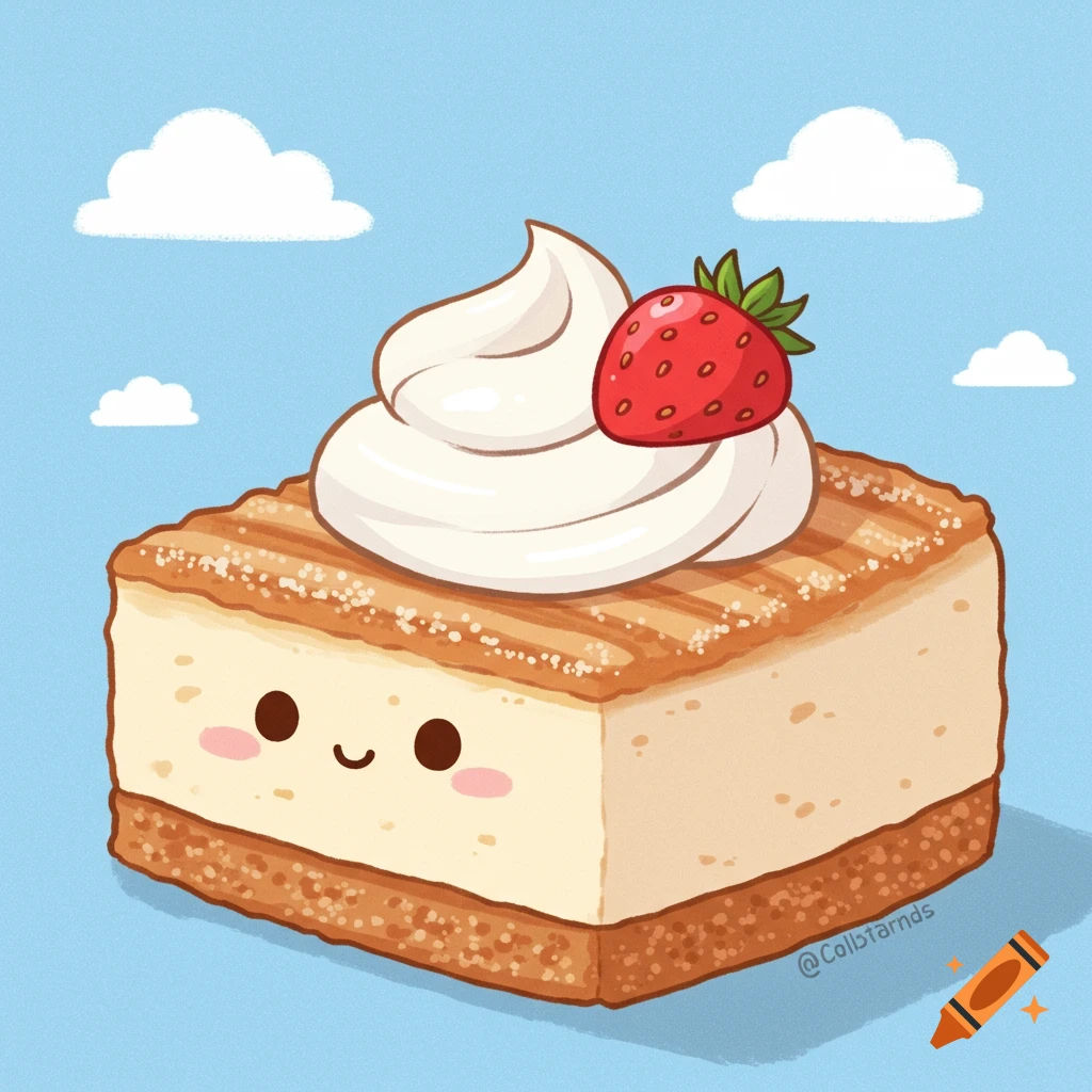 A cute animation style illustration of a square churro cheesecake slice topped with whipped cream and a strawberry, against a blue sky with clouds.