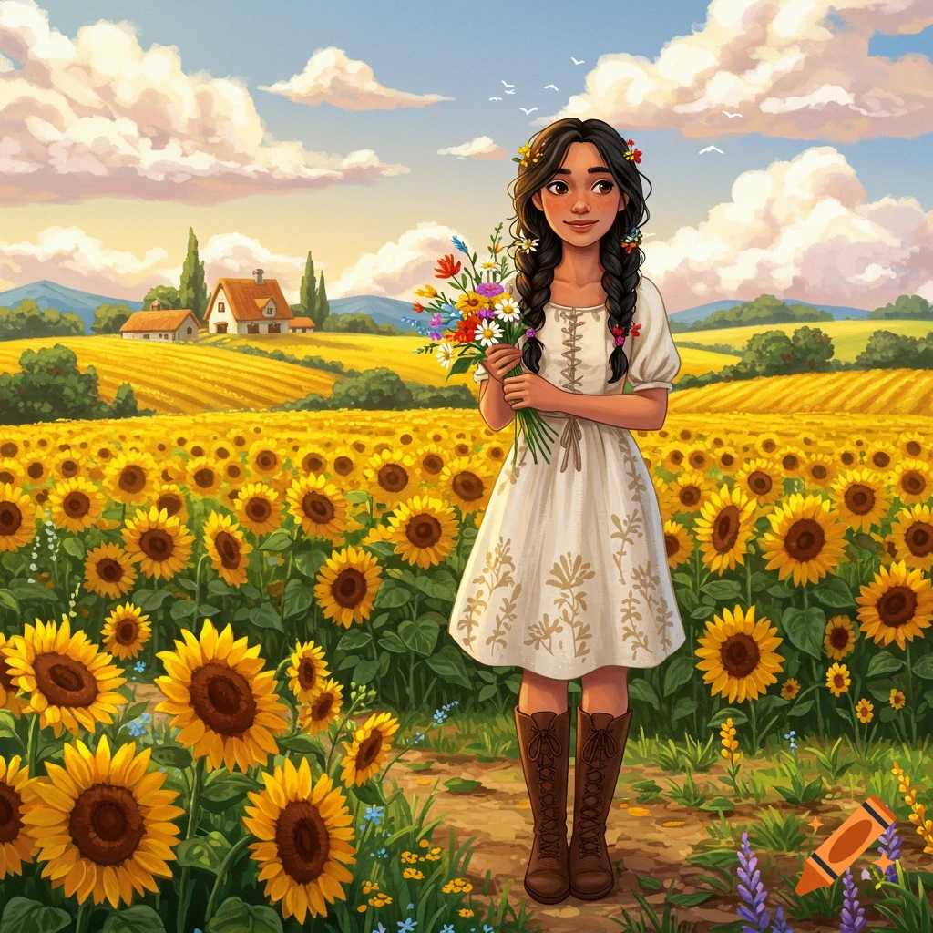 A girl holds a bouquet in a field of sunflowers, painted in a stylized manner.