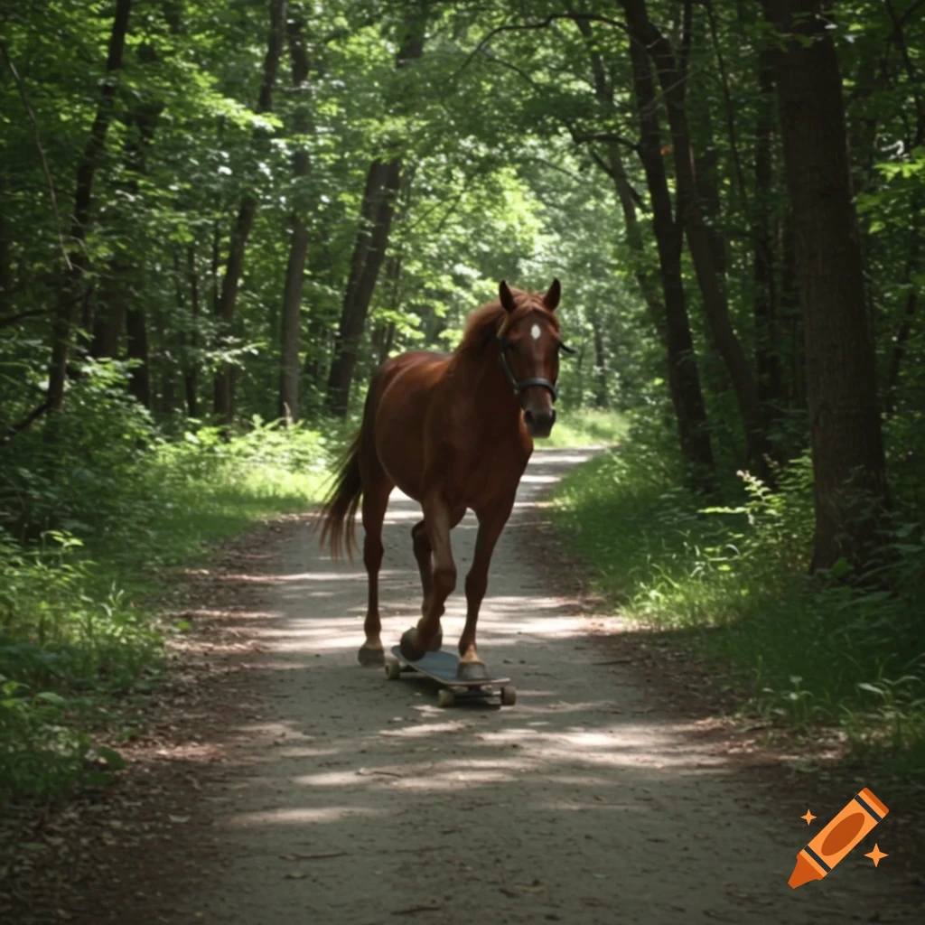 A brown horse rides a skateboard down a dirt path in a forest, like trailcam footage.