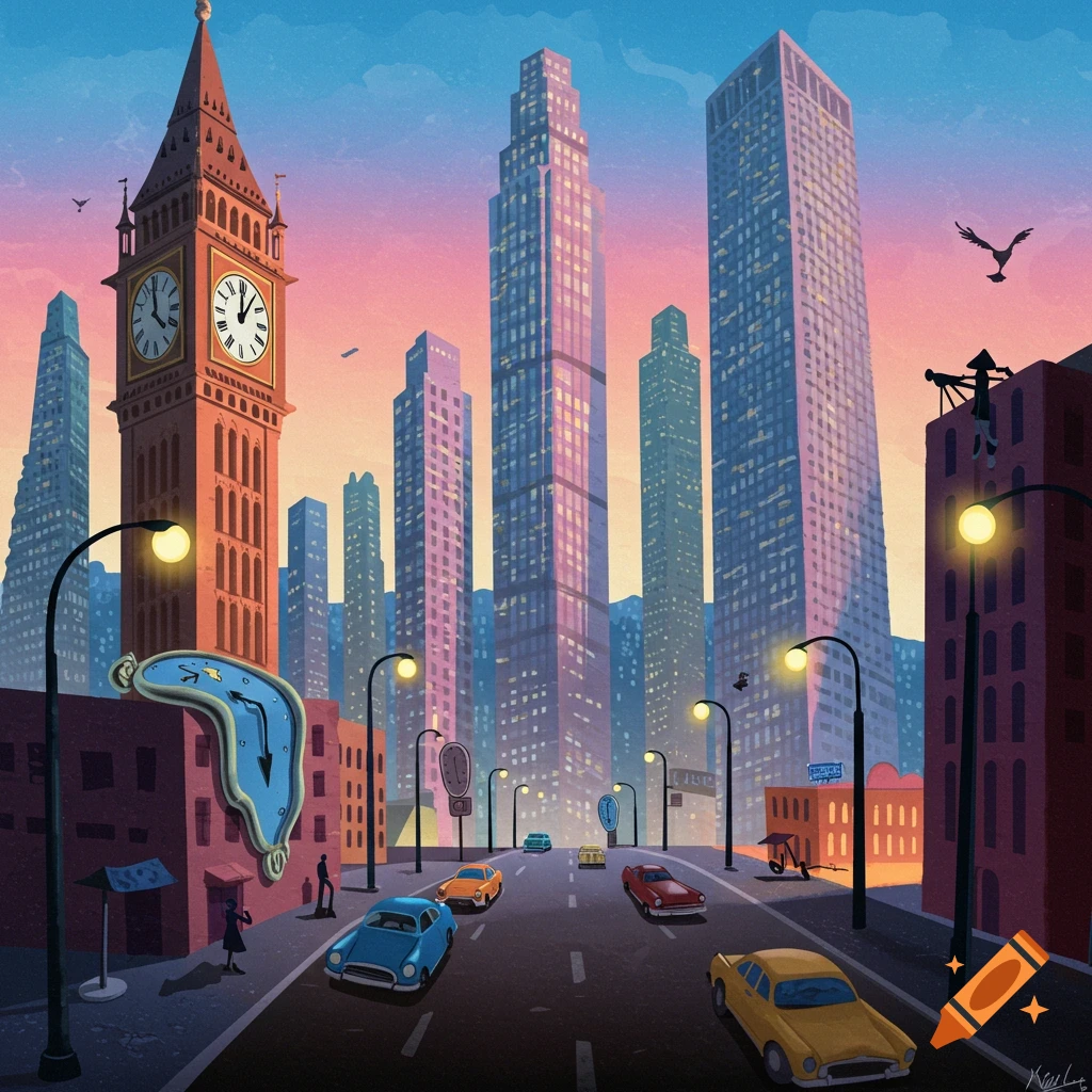 A surreal cityscape with tall buildings, a Big Ben-like tower, classic cars, and a melting clock.