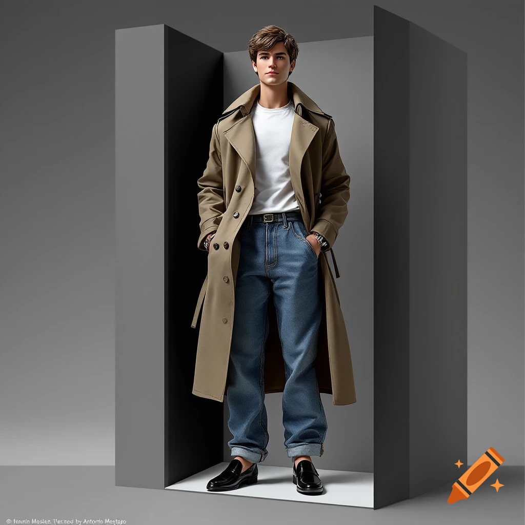Stylized man in a trench coat, white tee, and baggy jeans standing in a gray and black box.